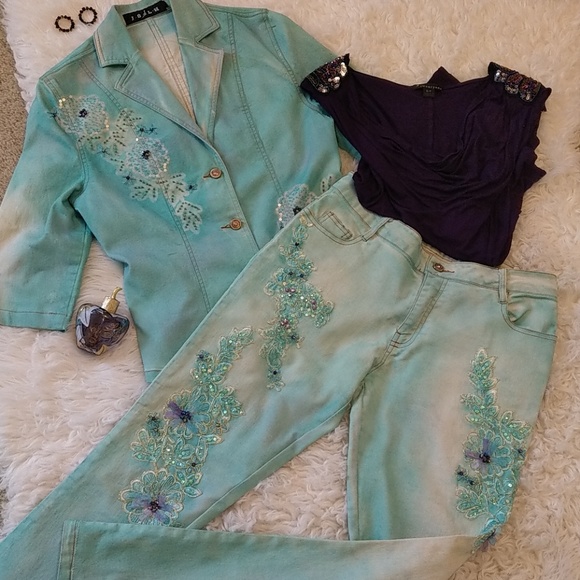 Other - Amazing 2 piece aqua denim embroided outfit!